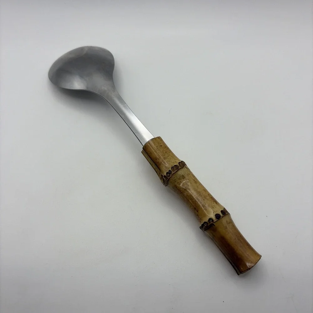 Vintage Seki Hamano KK Bamboo Handle 18-8 Stainless Salad Serving Spoon Japan